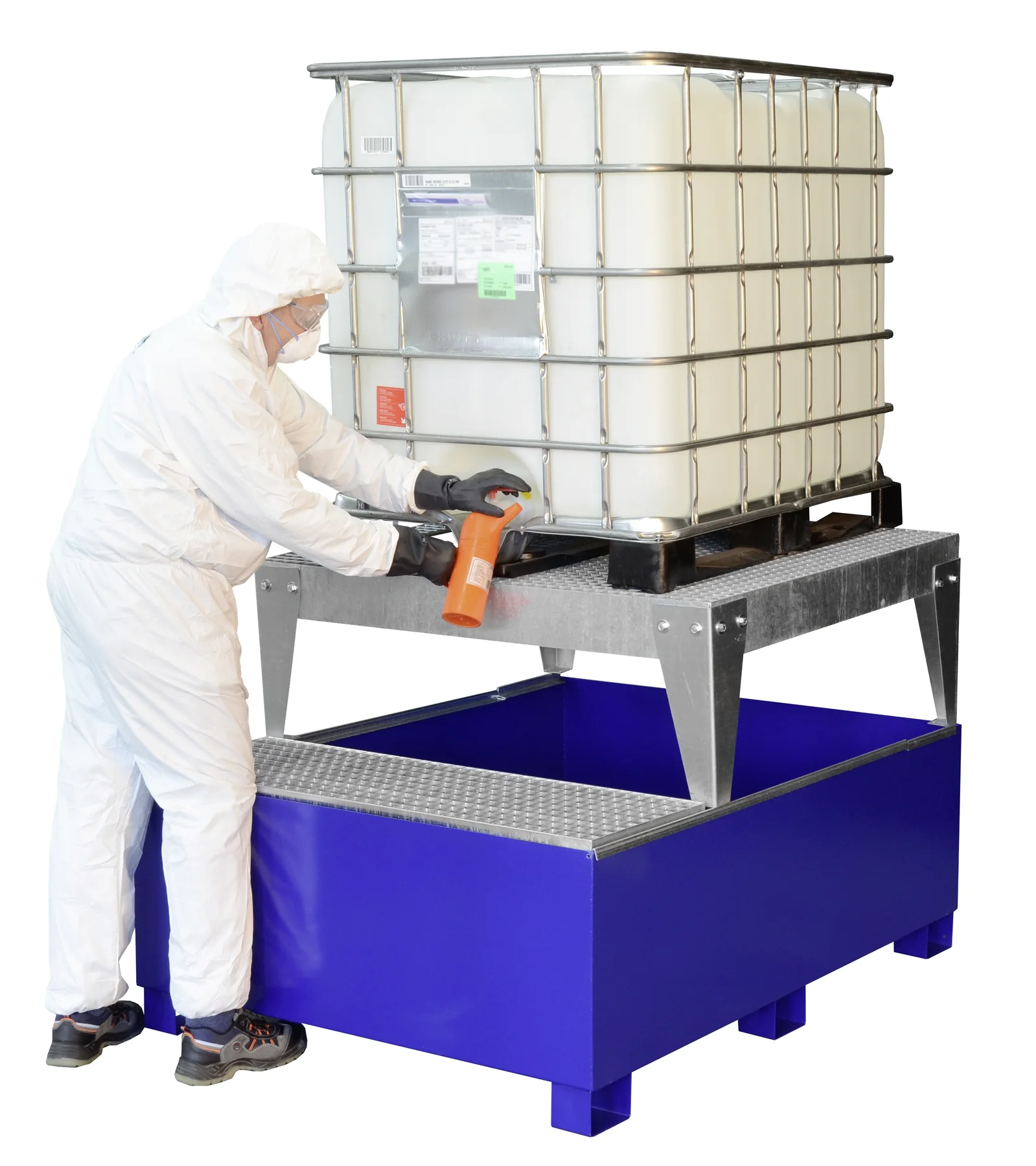 Vasca di raccolta IBC in acciaio, GS1a AB1 con 1 cavalletto di travaso, verniciata