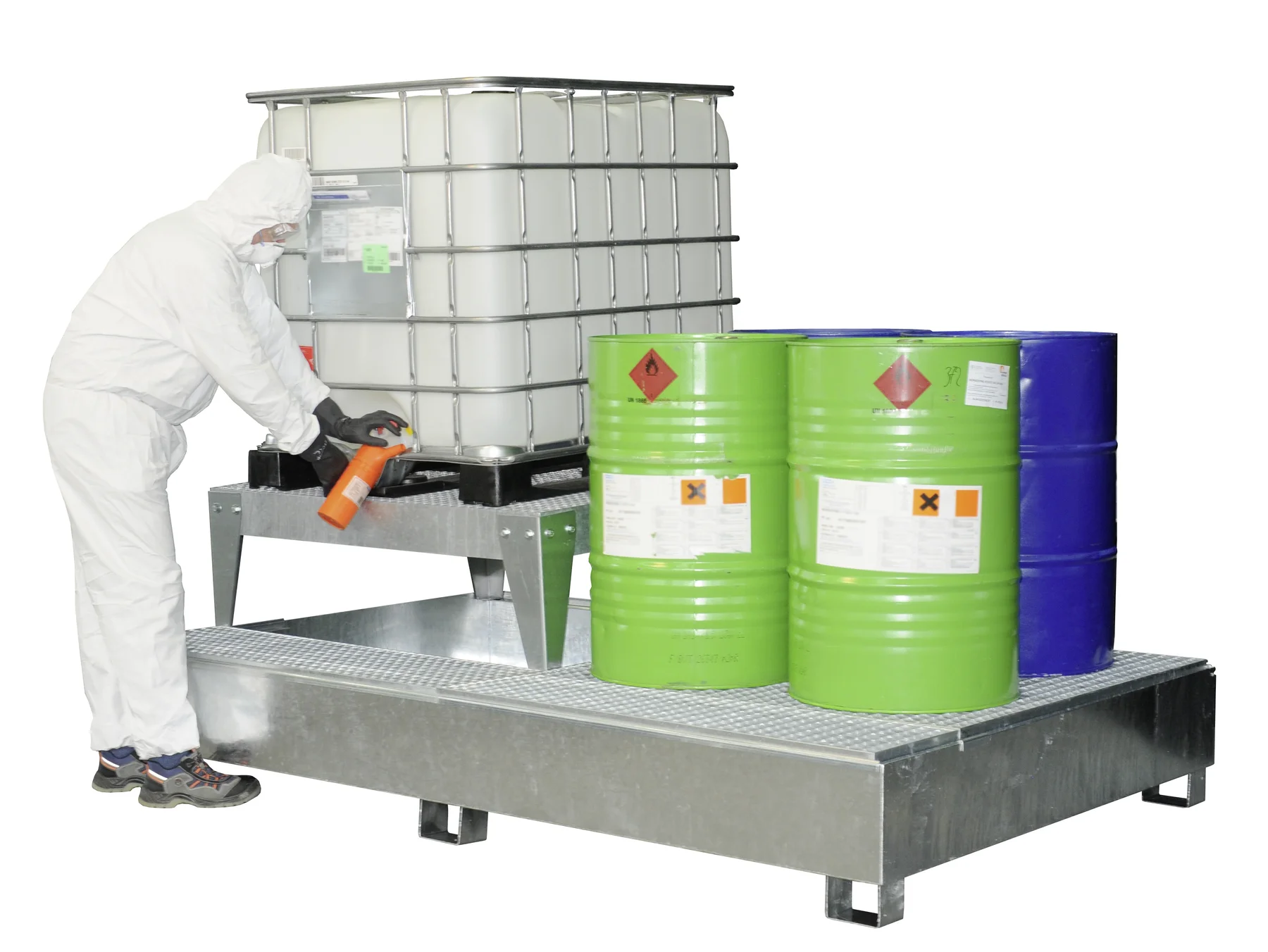 Vasca di raccolta IBC in acciaio, GS2a AB1 con 1 cavalletto e superficie di travaso, zincata