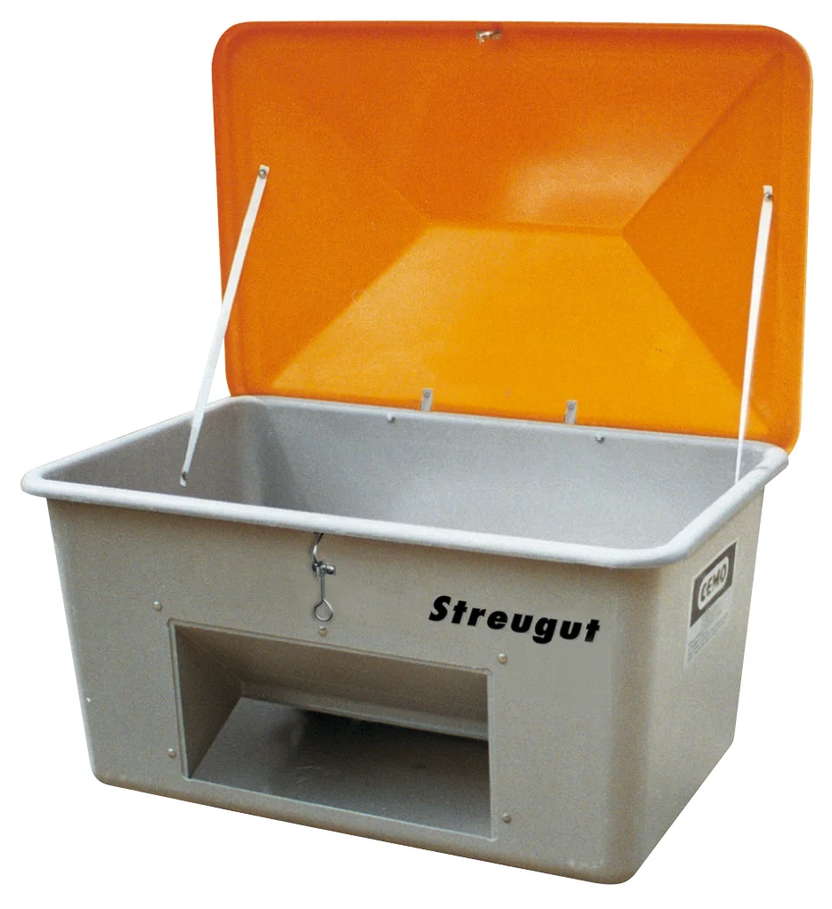 GRP Grit container "V" with anti-vandalism lid 700 l, grey/orange, with chute