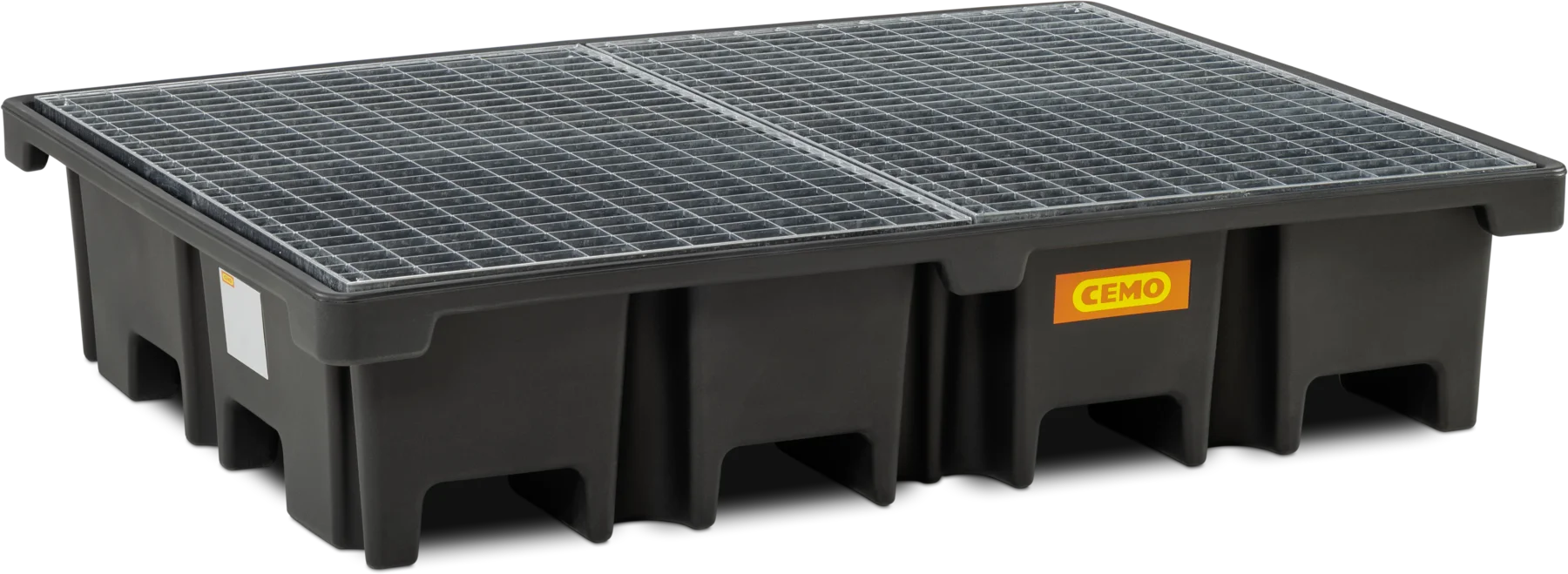 PE pallet sump for 2 pallets 120 x 80cm across, 425 l, with steel grating