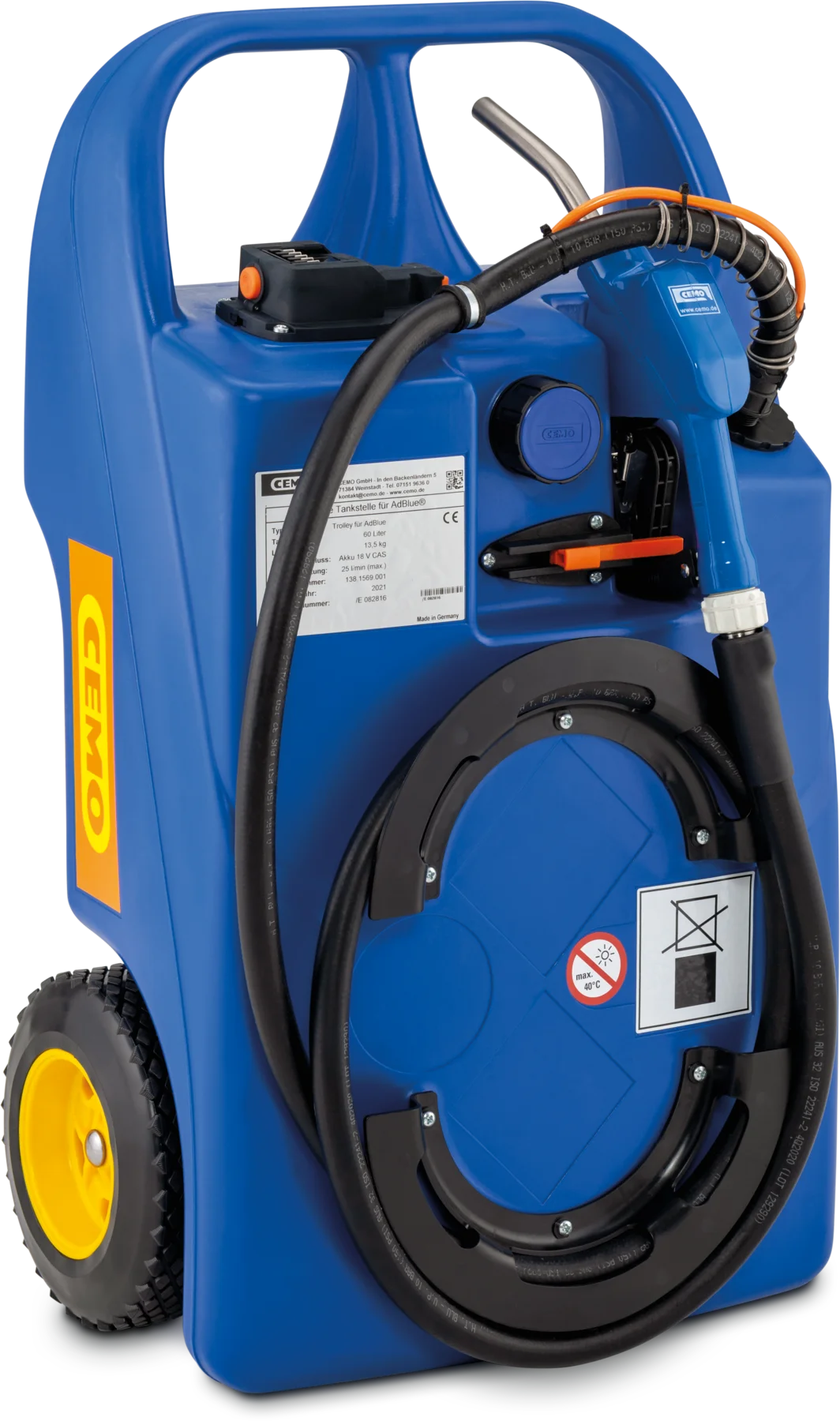 CEMO vagn för AdBlue®, 100 l, med stomme CAS, kompl. CENTRI SP 30, 18 V, AZV