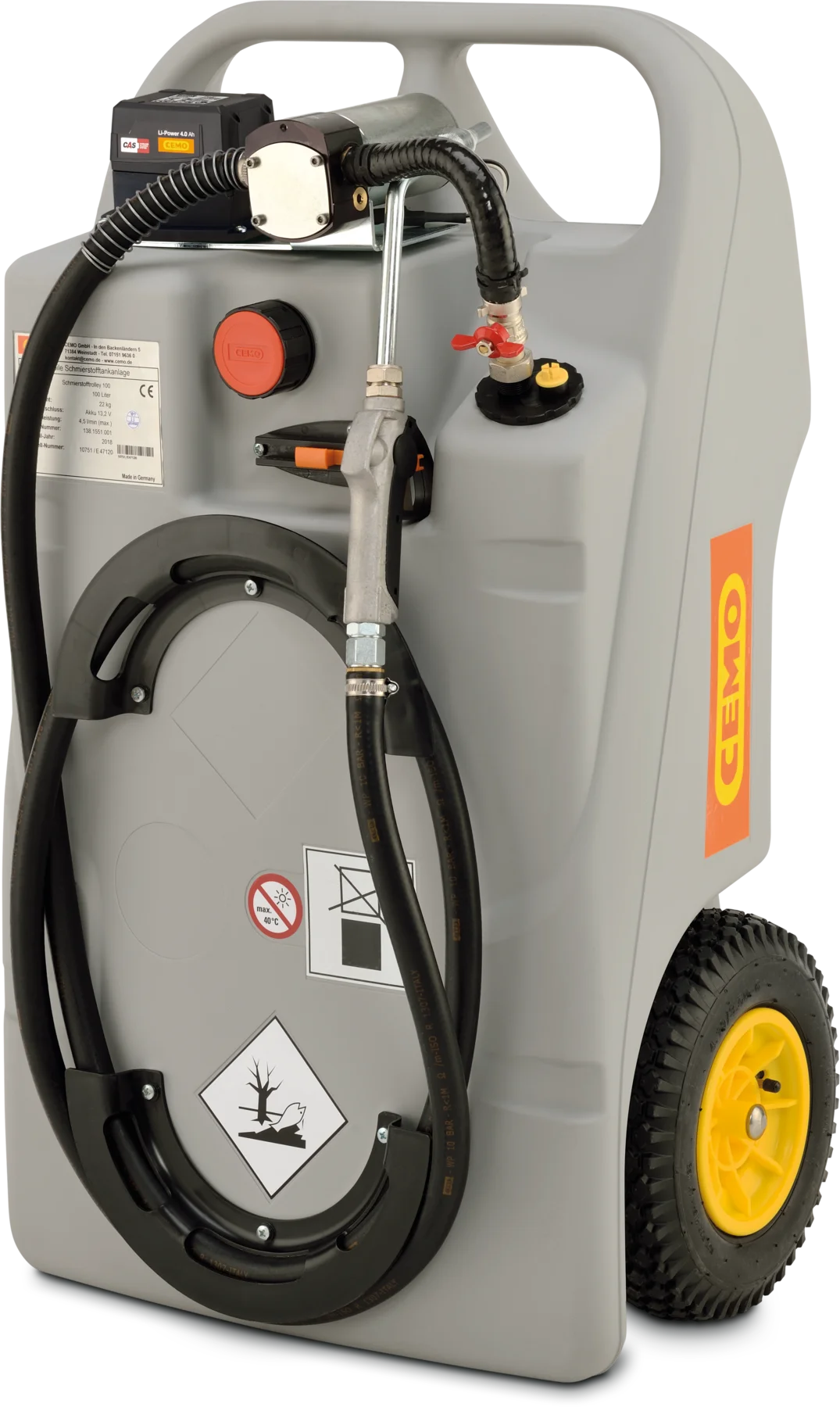 CEMO lubricant trolley 100 L CAS, charger and 4 Ah battery included