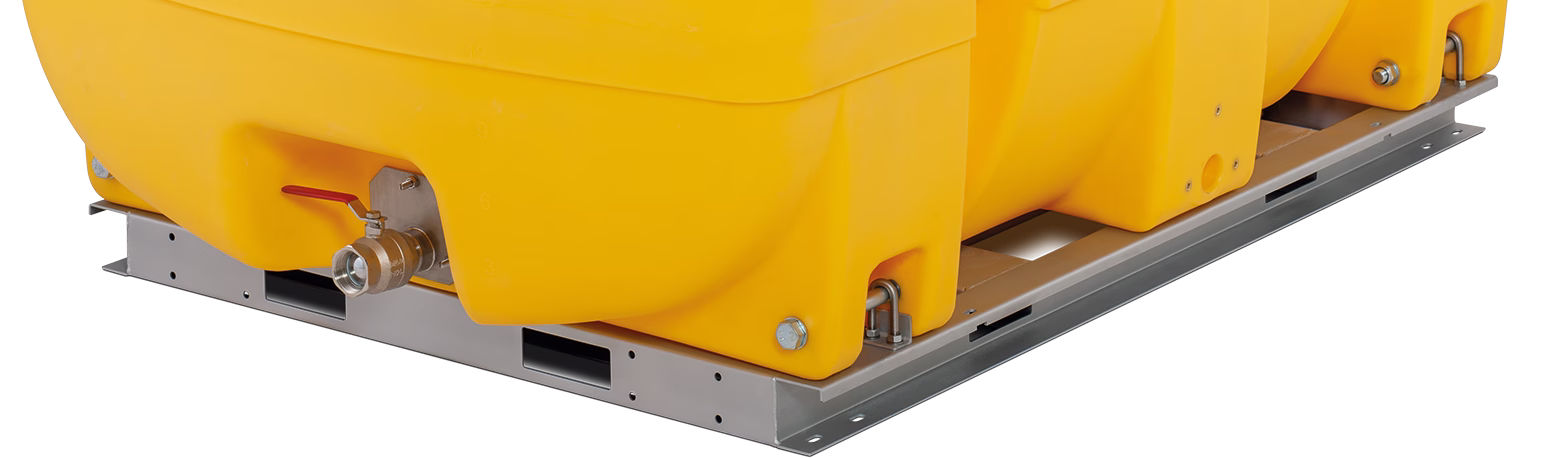 Base frame with accessory bag for PE tank 5,000 L, trunk-shaped